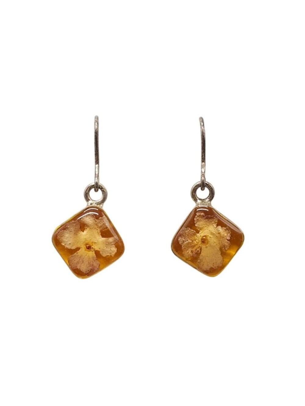 Vintage Sterling Silver Drop Earrings With Square Amber Resin Dried Flower Inlay